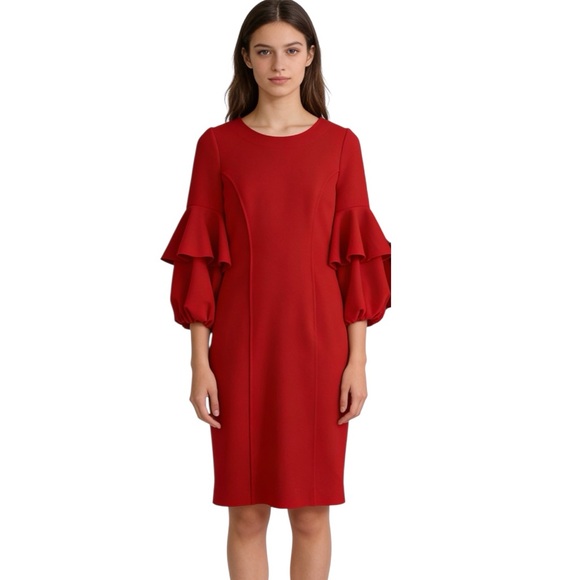 IC COLLECTION Red Scuba Knit Ruffled Balloon Sleeve Red Sheath Dress Size XS NEW